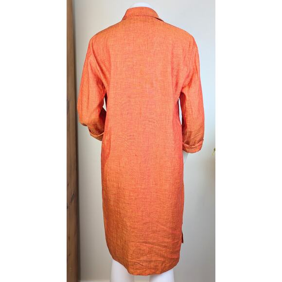VTG Chetta B Shirt Shift Dress Linen 8 Coral Orange Shimmer Long Sleeve Coastal - Picture 8 of 13